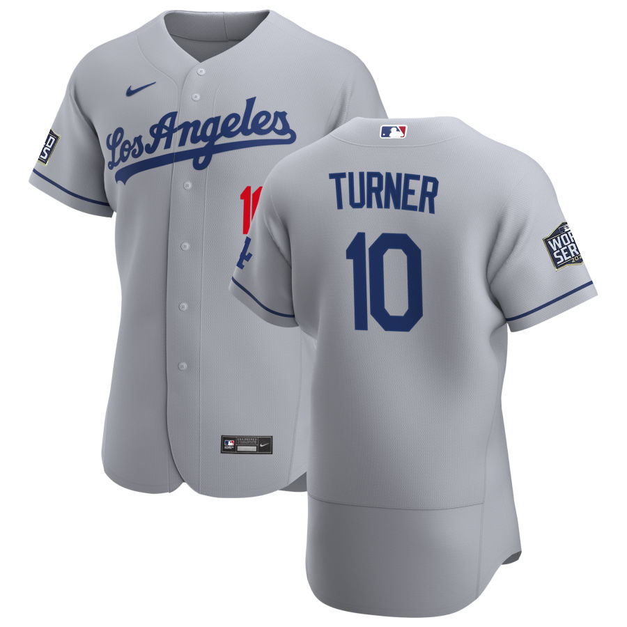 Los Angeles Dodgers #10 Justin Turner Men Nike Gray Road 2020 World Series Champions Authentic Team MLB Jersey
